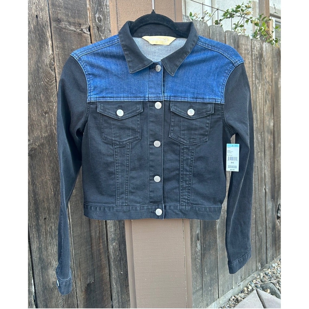 Roebuck & Co Womens Small Crop Denim Jacket Indigo Black‎ Colorblock Stretch NWT